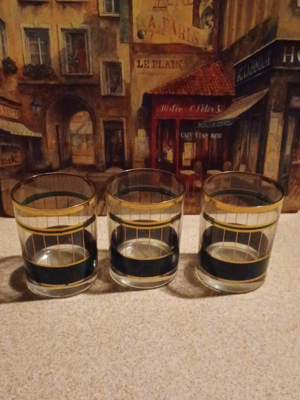 Set of 3 Green and Gold Decorative Old Fashioned Glasses - Home Accents